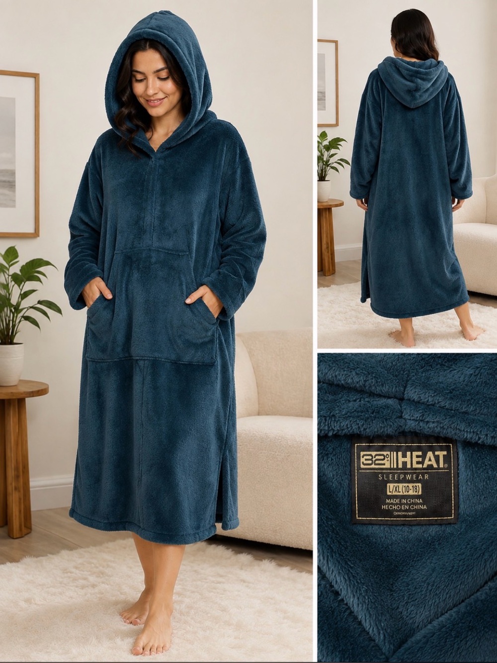 32 Degrees Women’s Plush Hooded Sleep Lounger Teal Cozy Robe